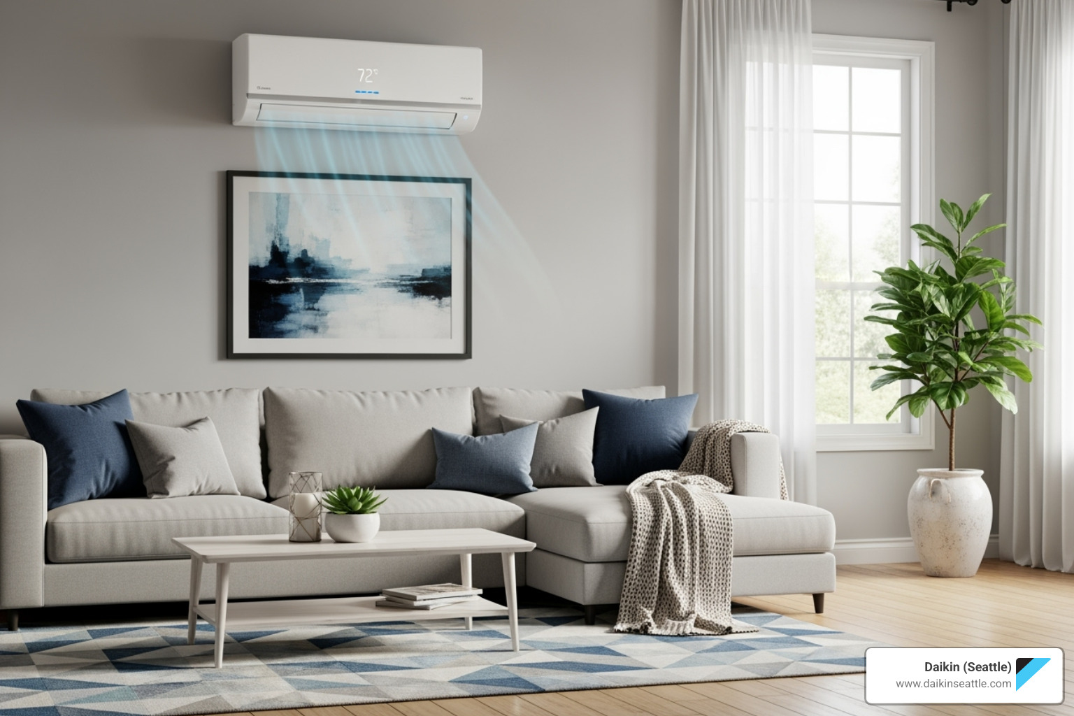 Modern living room with air conditioner, gray sectional, and blue artwork