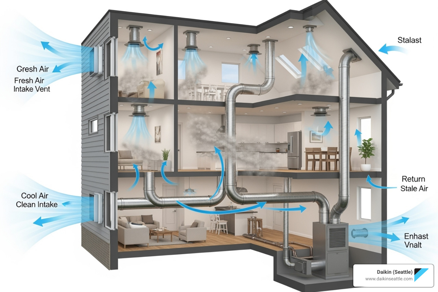 image of air circulating through a home via a whole-house ventilation system - indoor air quality solutions