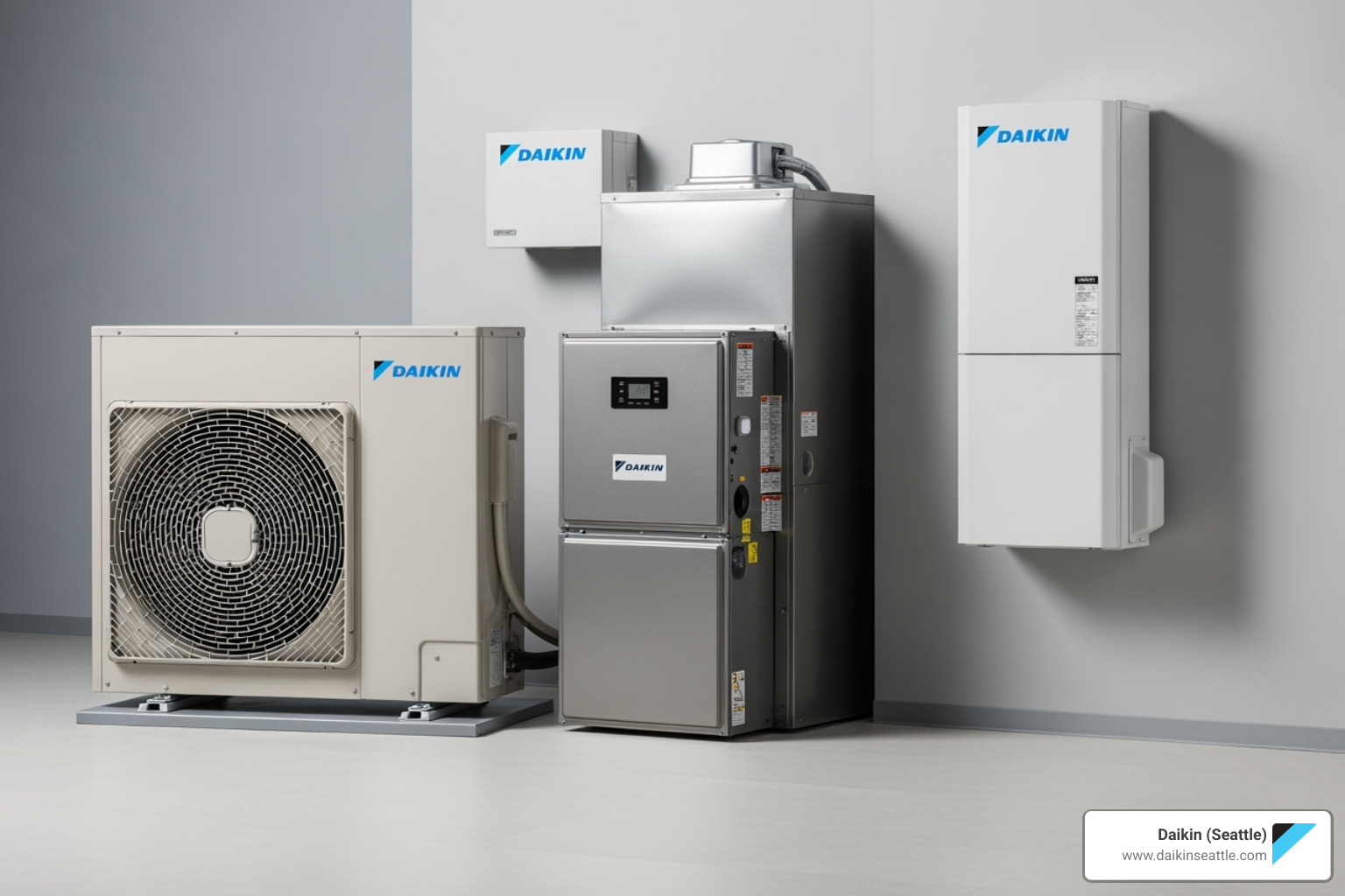 Image of various Daikin HVAC units (furnace, AC, mini-split) - Daikin warranty service