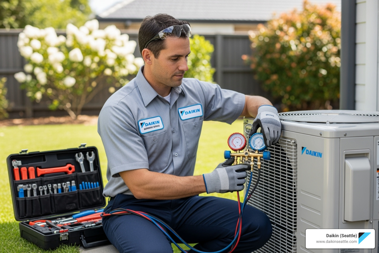 Daikin technician checking air conditioning unit with diagnostic tools