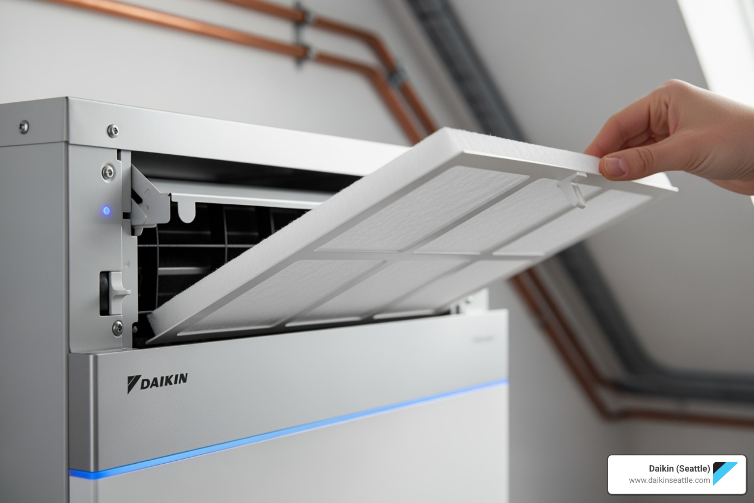 modern efficient Daikin HVAC unit with clean filter being shown - Indoor air quality benefits