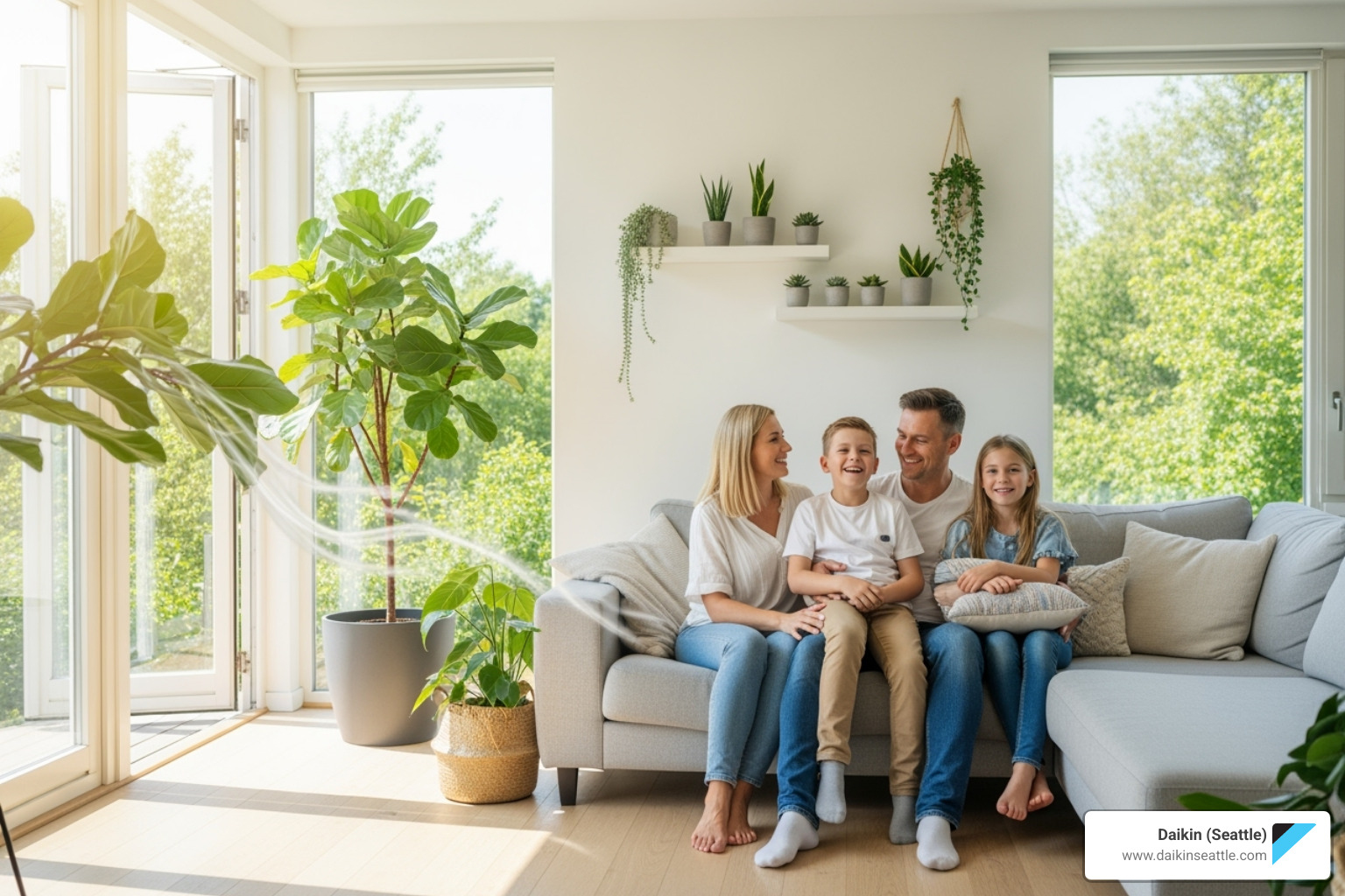 Family sitting together on couch in bright, plant-filled living room