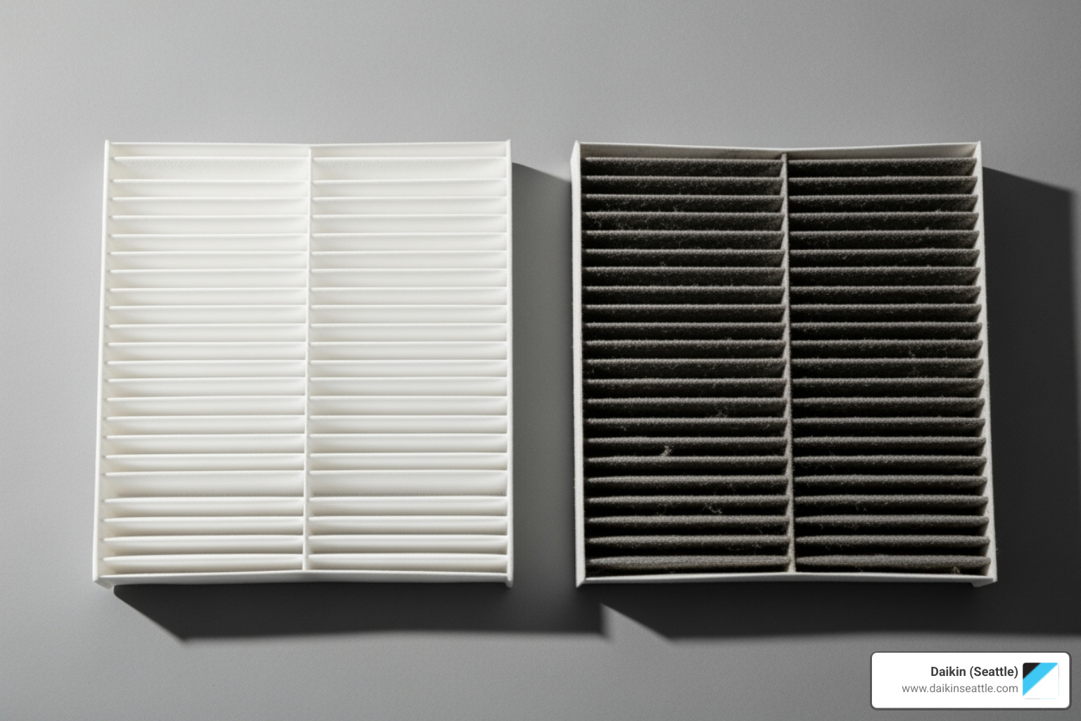 A striking comparison of a clean, white air filter next to a heavily soiled, dark one, illustrating the importance of regular filter replacement for AC system efficiency and indoor air quality. - Seattle AC repair