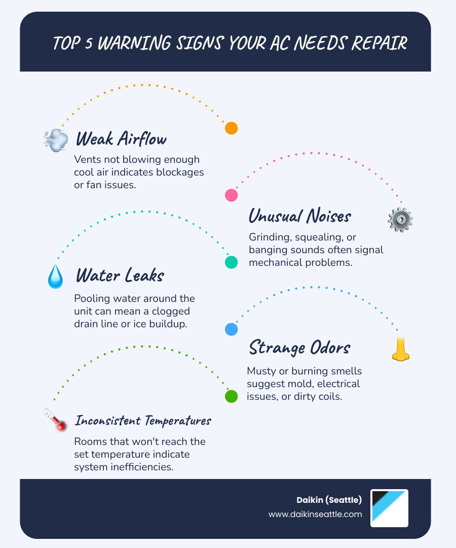Infographic showing the top 5 warning signs that your AC needs repair: weak airflow from vents, unusual grinding or squealing noises, water pooling around the unit, strange odors when system runs, and rooms that won't reach the set temperature - Seattle AC repair infographic infographic-line-5-steps-blues-accent_colors