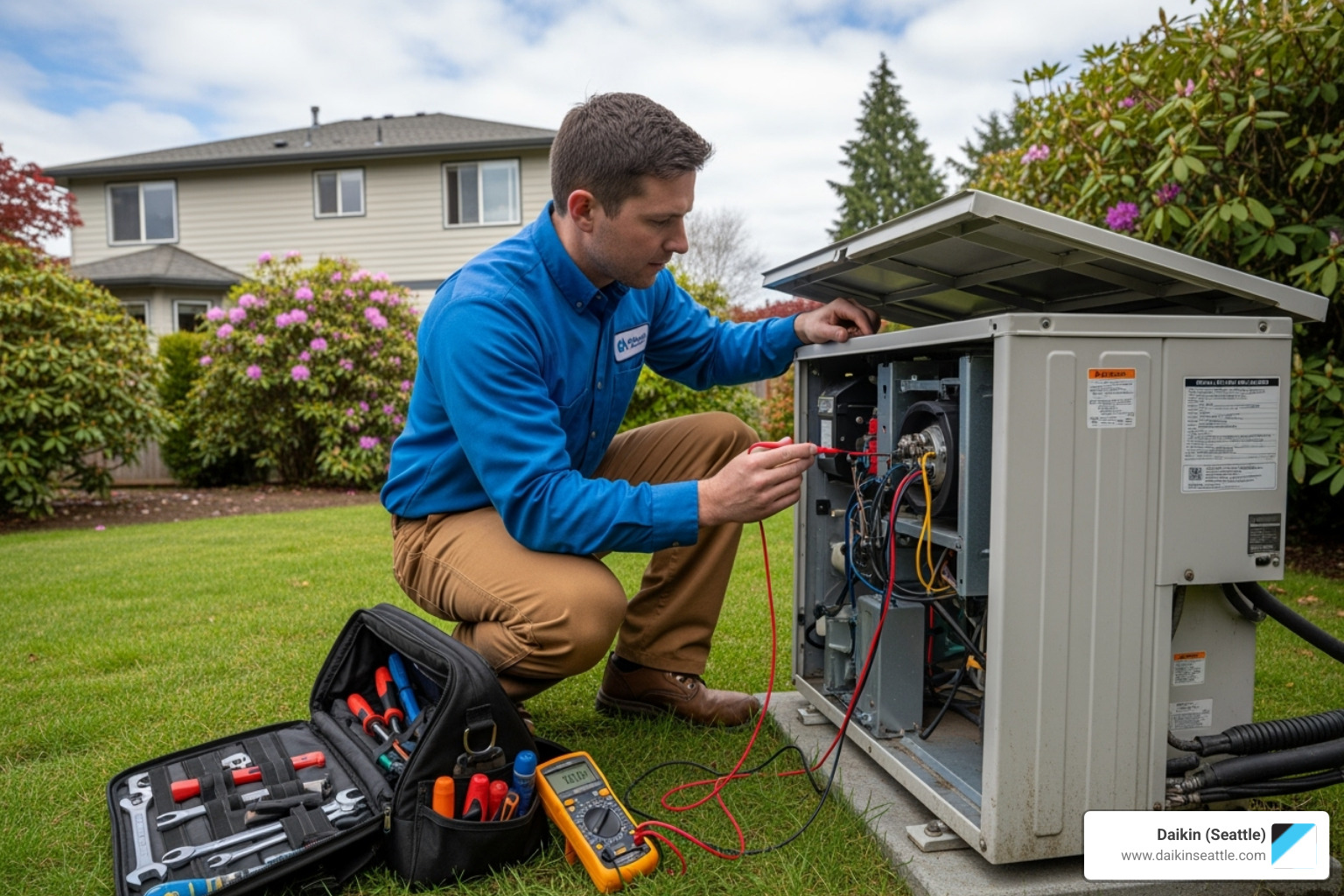 A technician in uniform inspecting the outdoor unit of an air conditioning system at a residential property in Seattle - Seattle AC repair