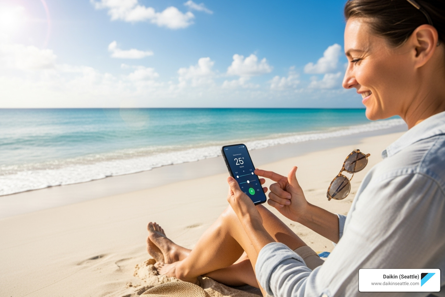 A person sitting comfortably on a beach, smiling as they adjust their home's thermostat from their smartphone, symbolizing remote control and peace of mind while on vacation. - intelligent HVAC systems