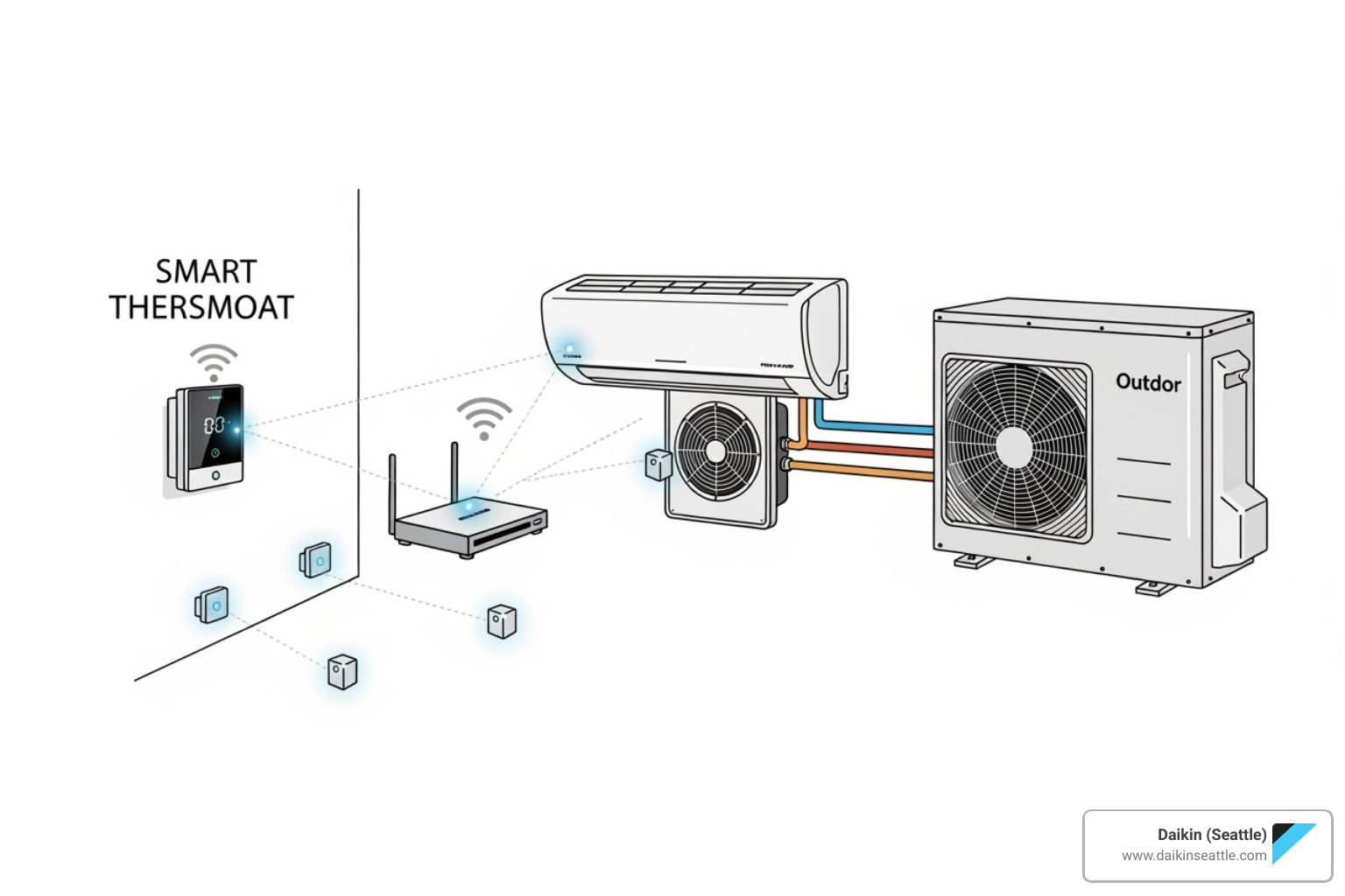 A diagram illustrating the core components of a smart HVAC system, including an outdoor unit, indoor unit, smart thermostat, various sensors (temperature, humidity, occupancy), and a home router, all connected wirelessly via Wi-Fi and IoT protocols. - intelligent HVAC systems