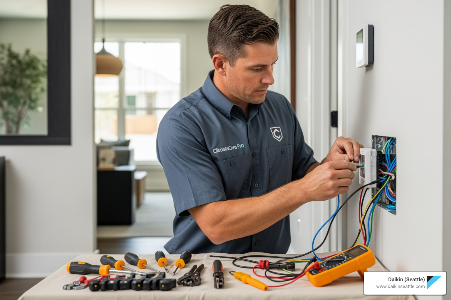 A professional HVAC technician carefully installing a component of a new smart HVAC system, emphasizing the importance of expert installation. - intelligent HVAC systems