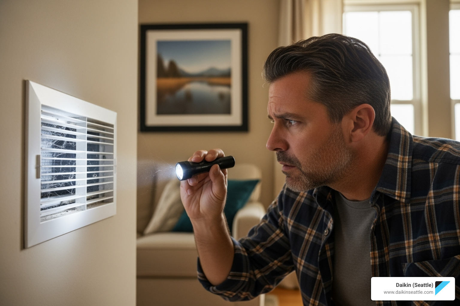 a homeowner looking concerned at a vent - Heat pump troubleshooting