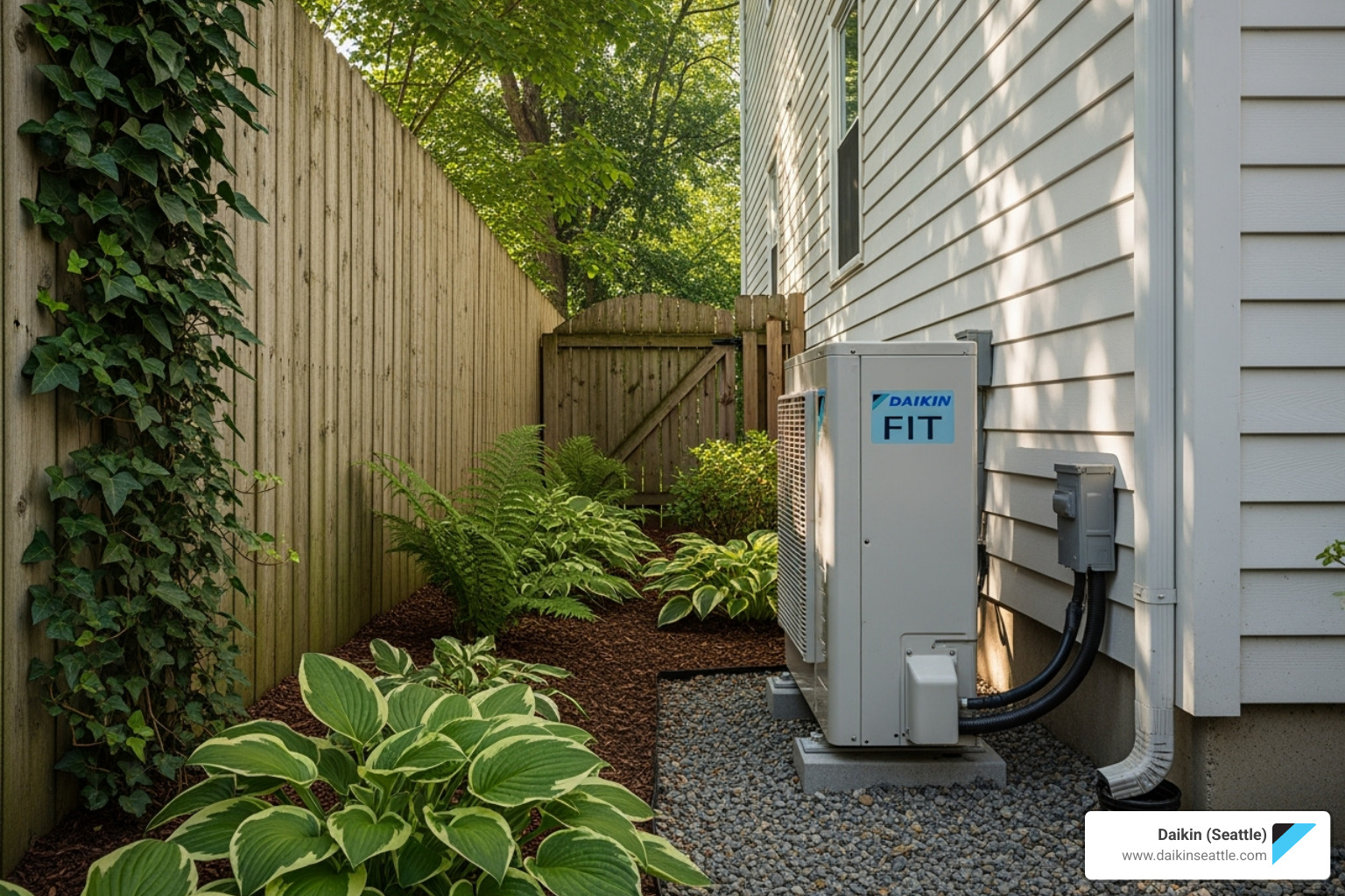 slim Daikin FIT unit installed in a narrow side yard - Daikin heat pump models