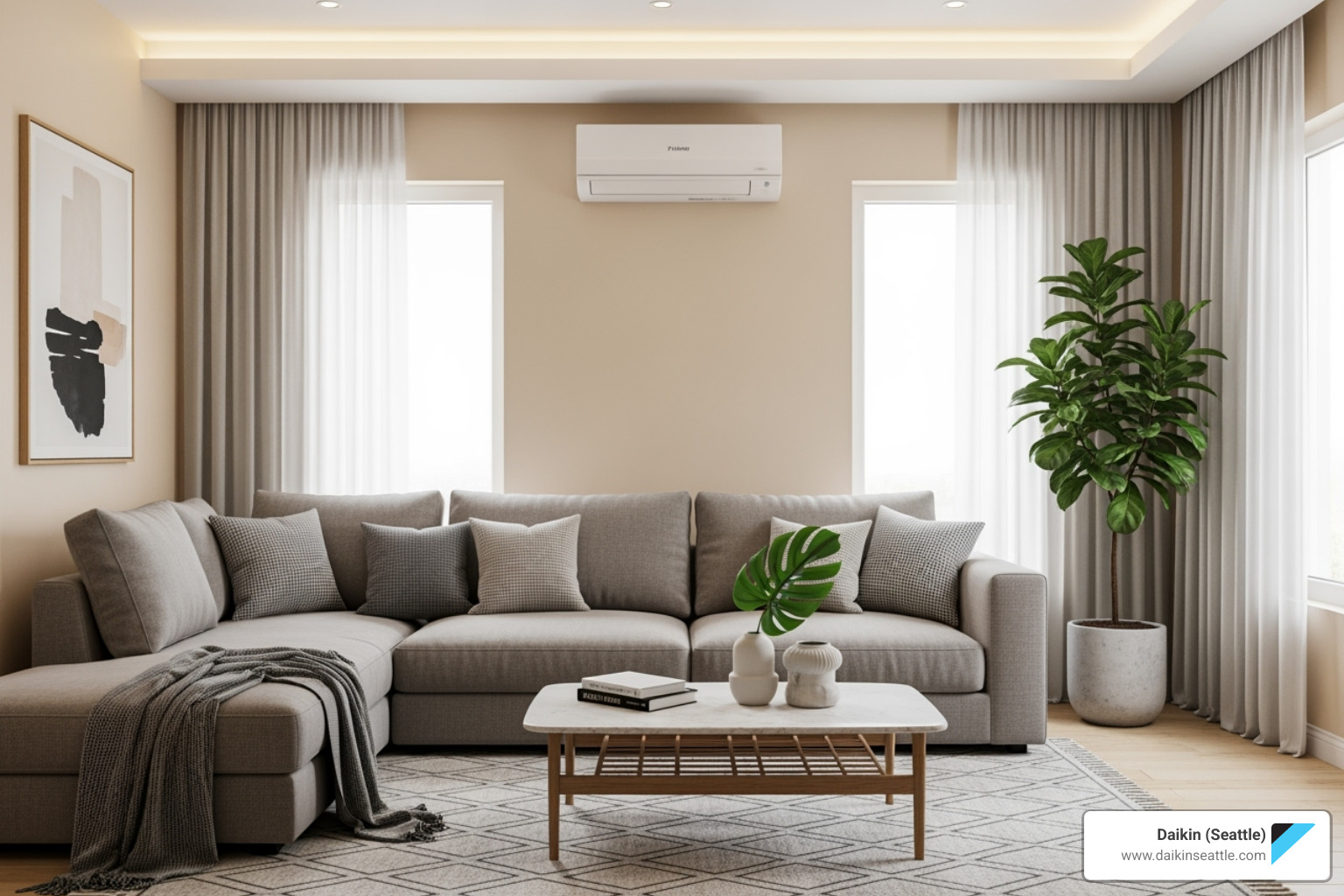 modern, comfortable living room with a discreet wall-mounted Daikin indoor unit - Daikin heat pump models