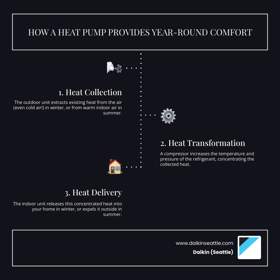 explaining the basic heating and cooling cycle of a heat pump - Daikin heat pump models infographic infographic-line-3-steps-dark
