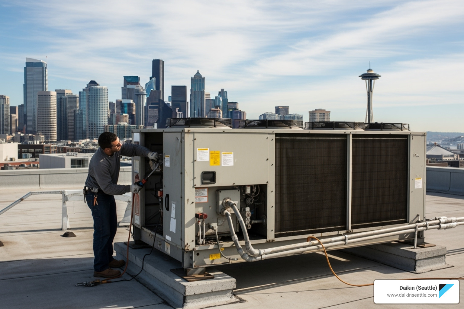 technician performing maintenance on a commercial rooftop HVAC unit with the Seattle skyline in the background - commercial hvac seattle
