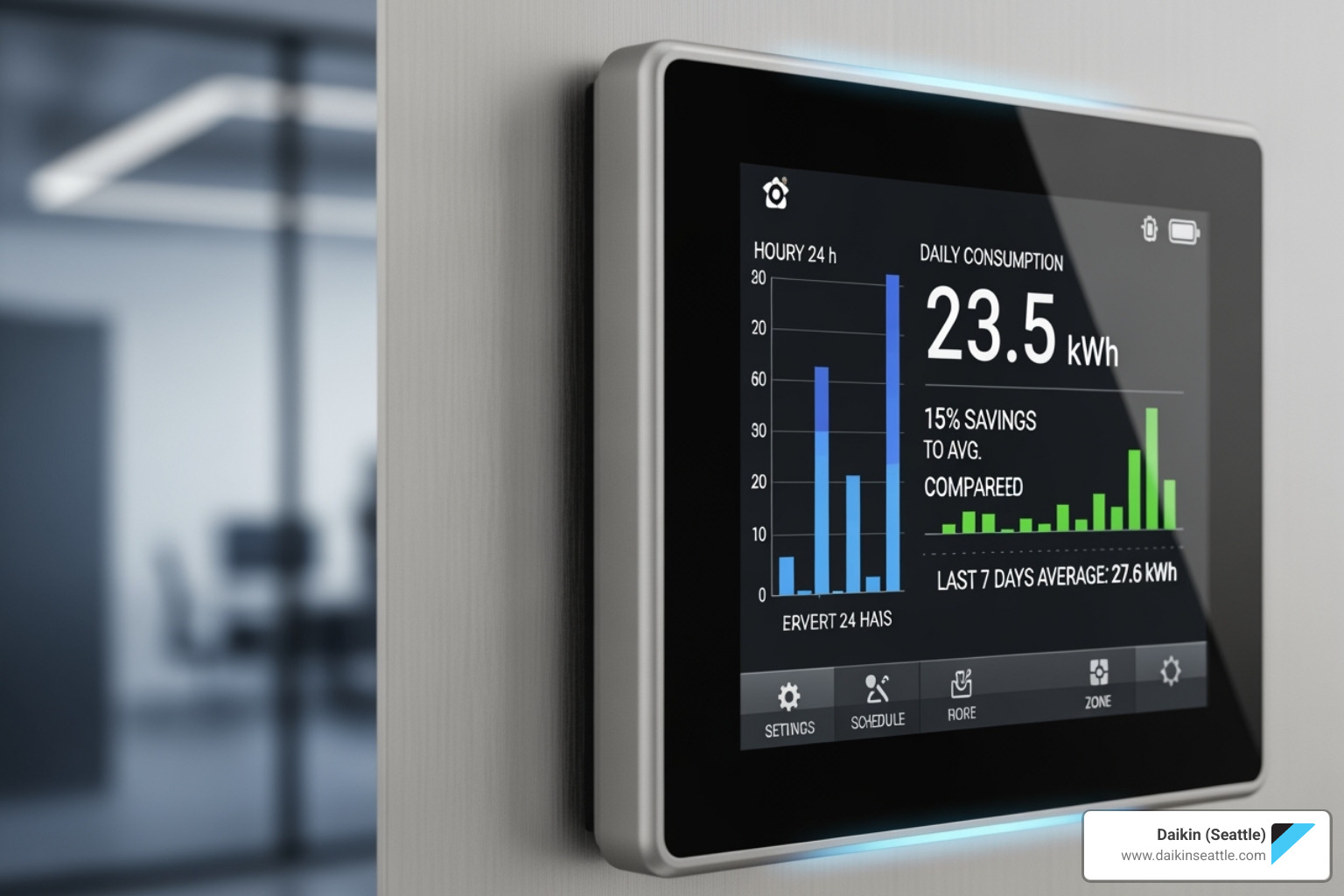 smart commercial thermostat interface displaying energy savings data - commercial hvac seattle