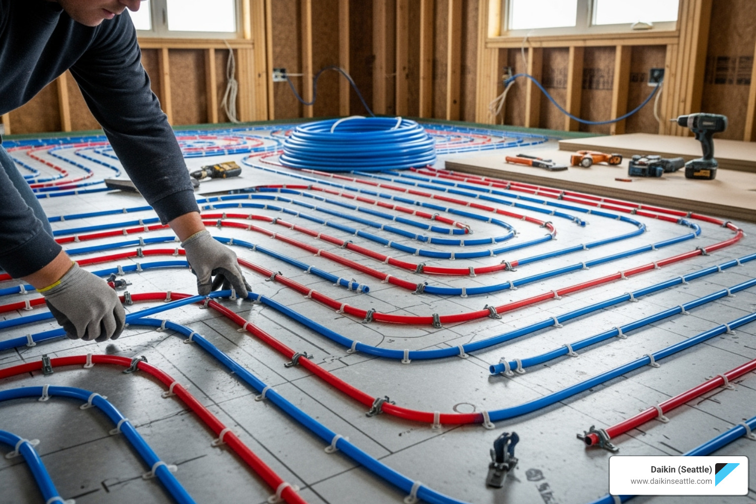 radiant floor heating tubes being installed - Sustainable home heating