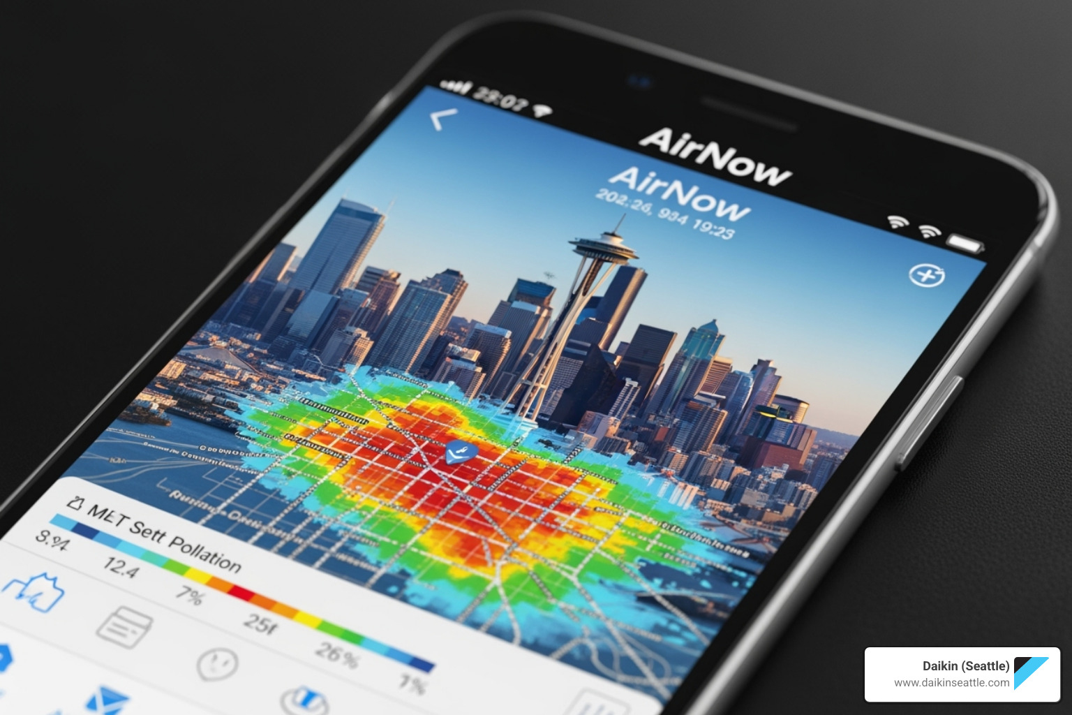 Smartphone screen showing AirNow app with Seattle map - Air quality monitor Seattle