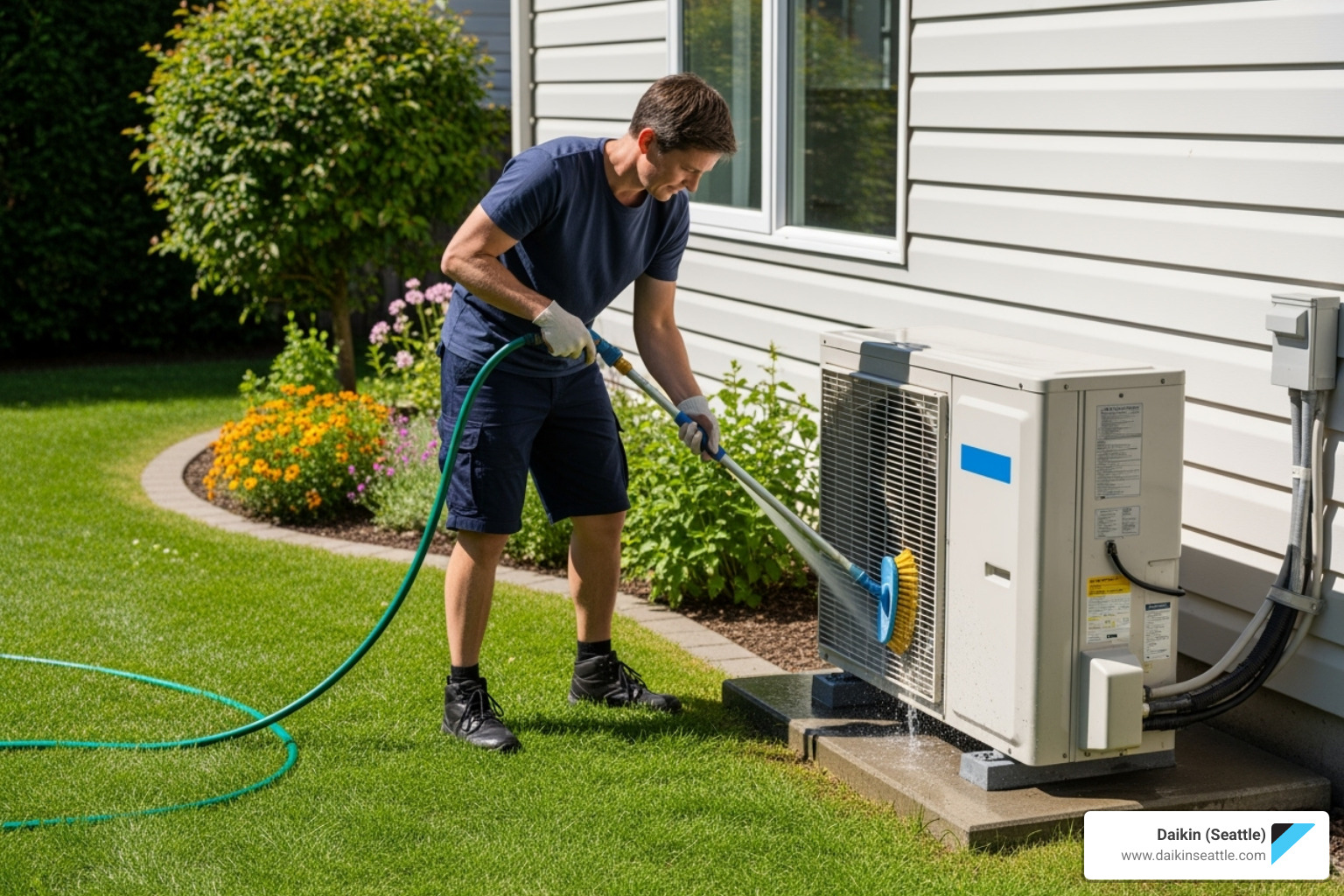 of a homeowner cleaning the outdoor unit of a heat pump - Energy efficient heat pump of a homeowner cleaning the outdoor unit of a heat pump - Energy efficient heat pump