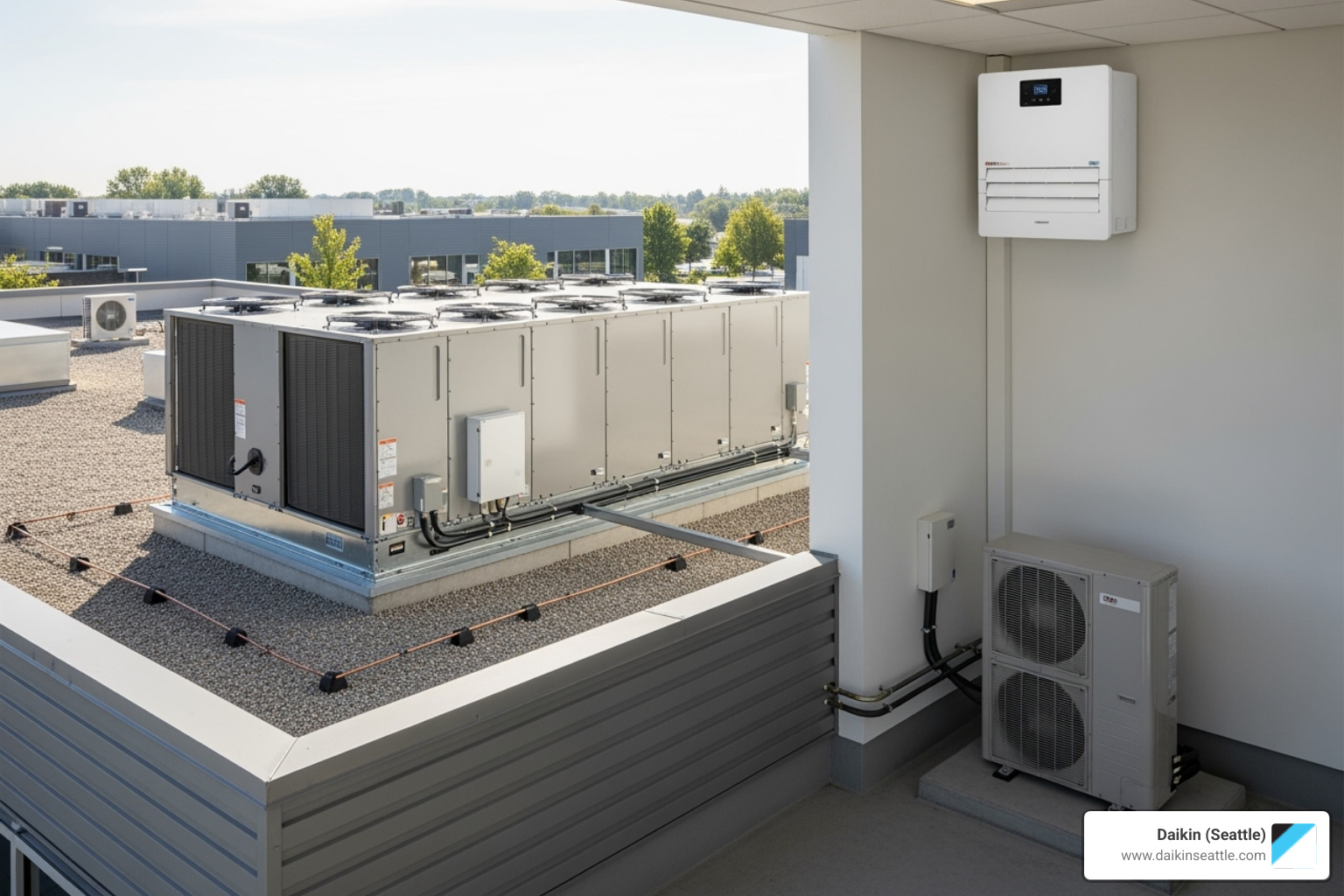 commercial HVAC units including a rooftop unit and a ductless mini-split system - commercial ac installation seattle