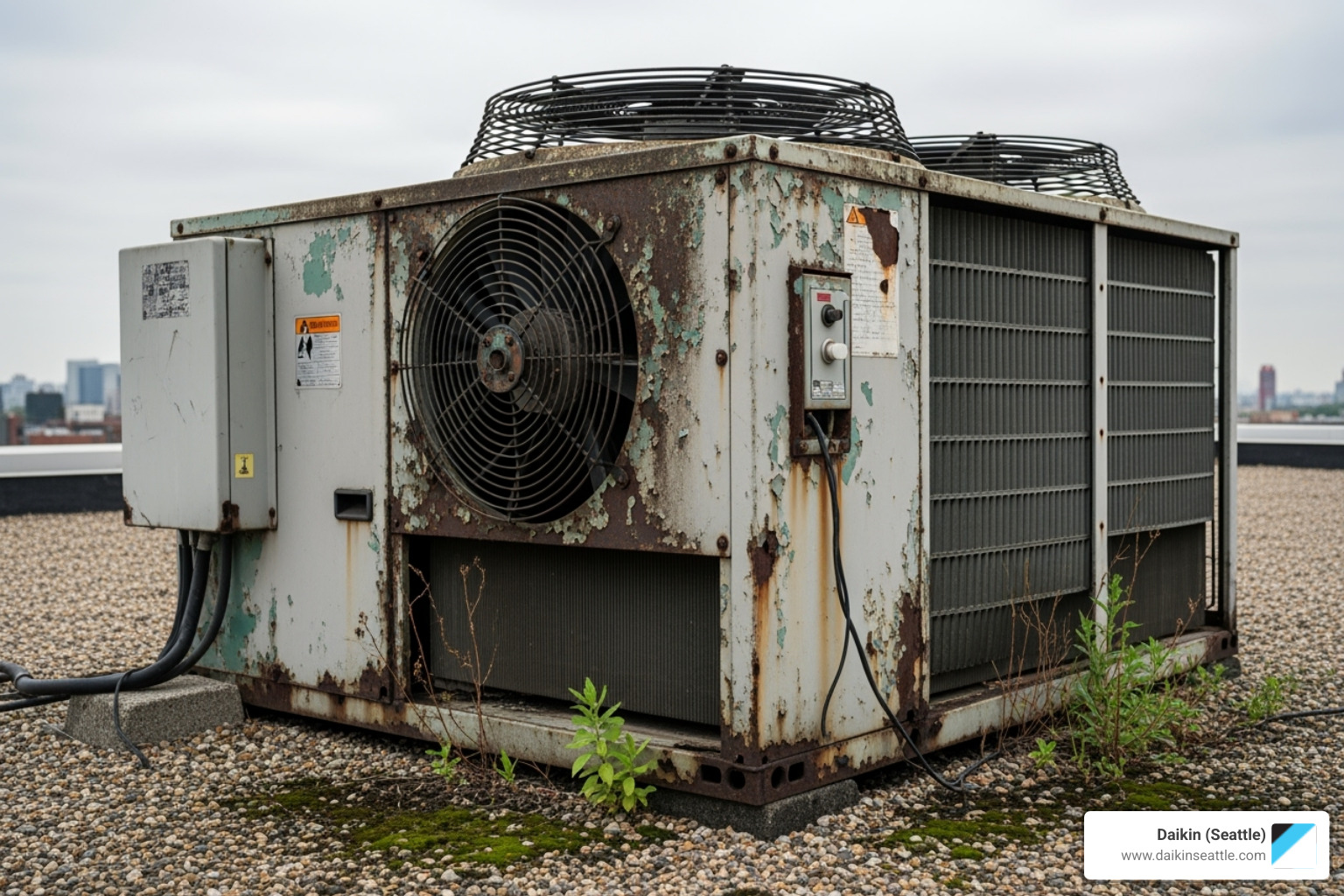 old, weathered commercial AC unit on a rooftop - commercial ac installation seattle