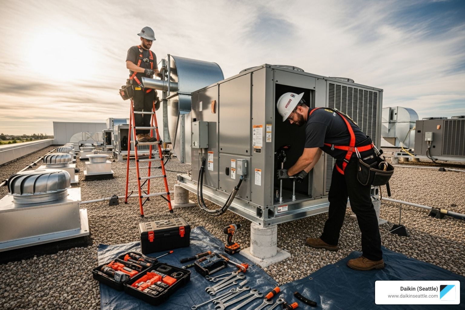 certified technicians professionally installing a commercial HVAC system on a rooftop - commercial ac installation seattle