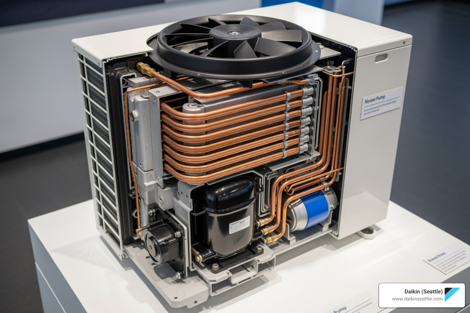 Cutaway view of a heat pump on display, illustrating its internal components and functionality - daikin education center seattle Cutaway view of a heat pump on display, illustrating its internal components and functionality - daikin education center seattle