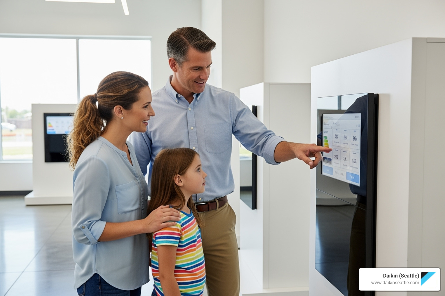 A family interacting with a Daikin HVAC unit display, demonstrating the interactive nature of the center - daikin education center seattle A family interacting with a Daikin HVAC unit display, demonstrating the interactive nature of the center - daikin education center seattle