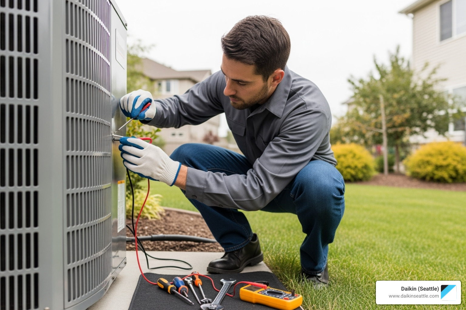 technician servicing an outdoor AC unit - annual ac tune up seattle wa