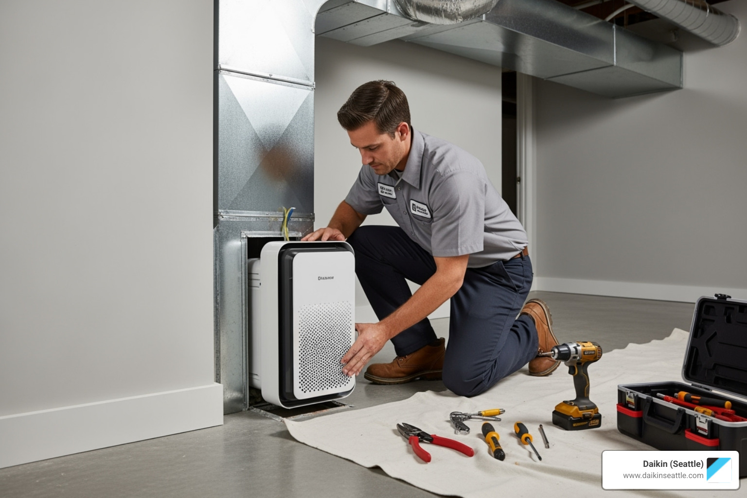of a certified technician professionally integrating an air purifier into a home's HVAC system - daikin air purifier installation seattle