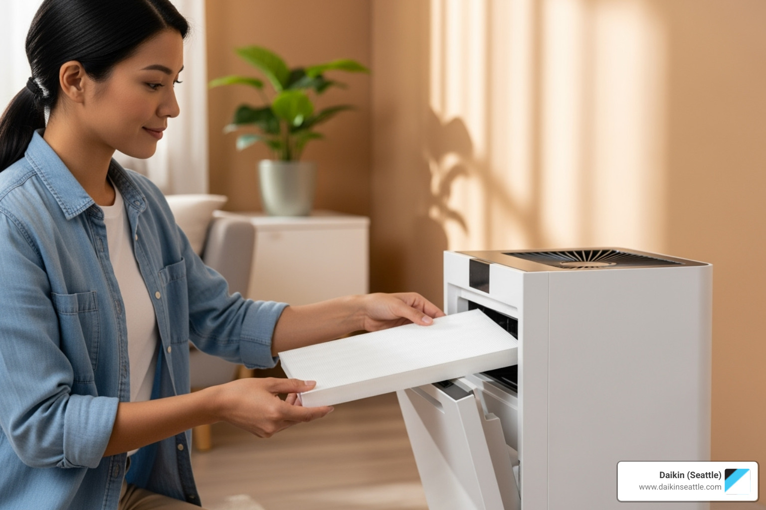 of a homeowner easily changing an air filter - daikin air purifier installation seattle