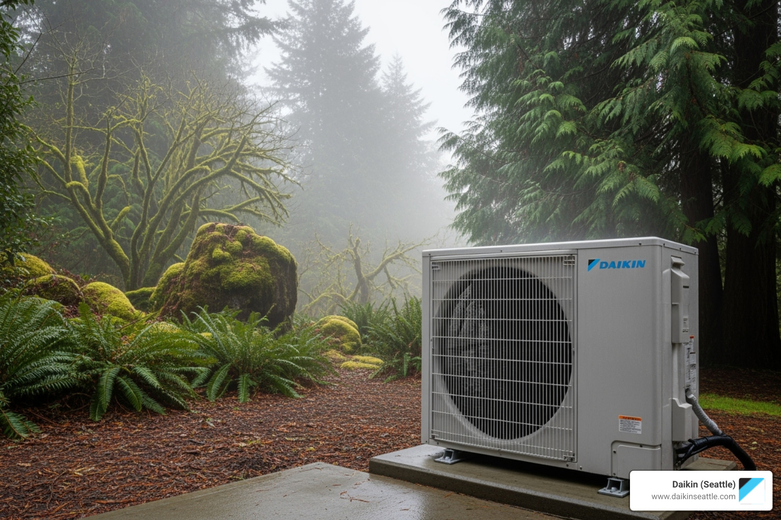 Daikin heat pump unit operating in a misty Seattle setting - daikin low gwp refrigerant seattle