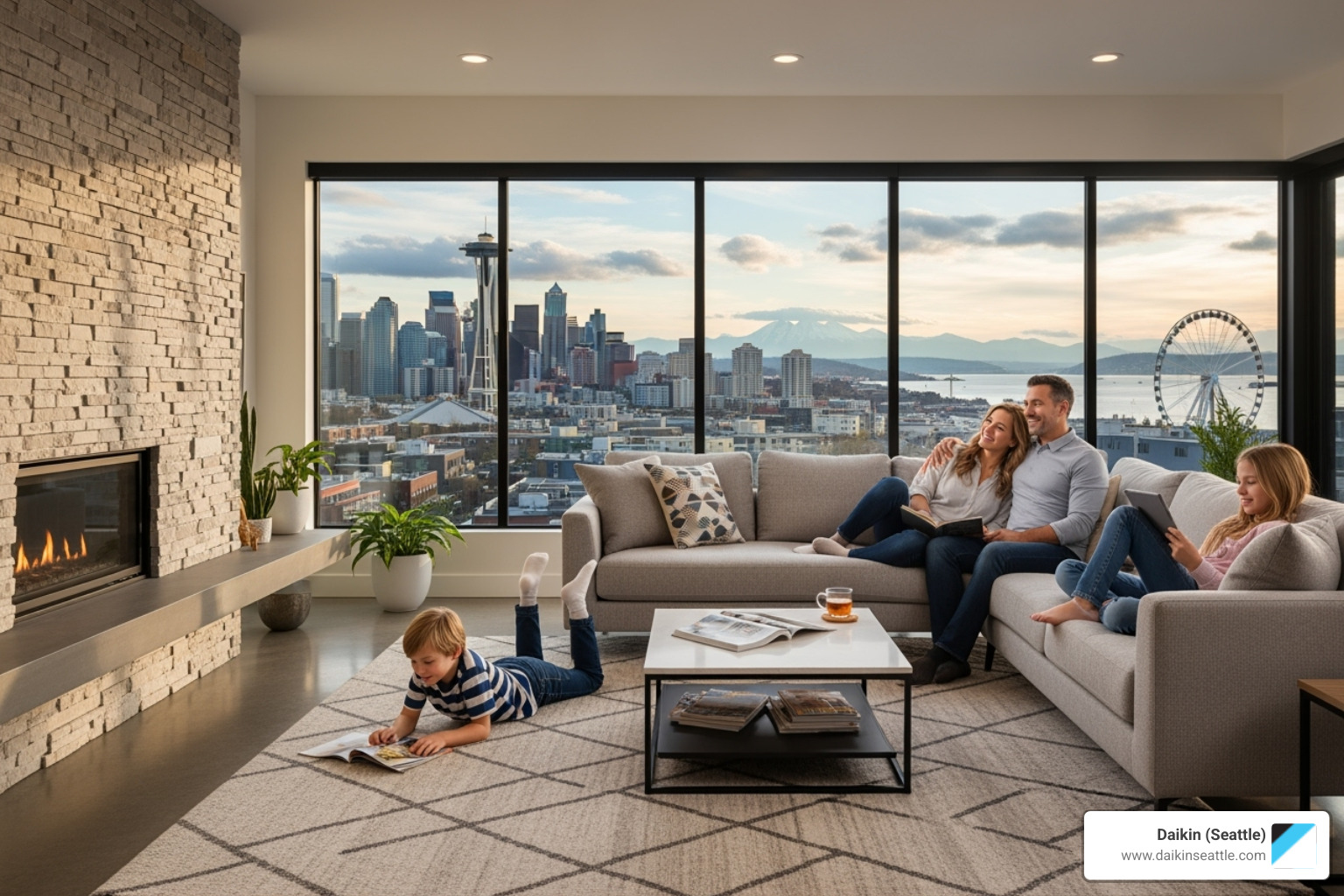 Family comfortably enjoying their living room in Seattle - daikin low gwp refrigerant seattle