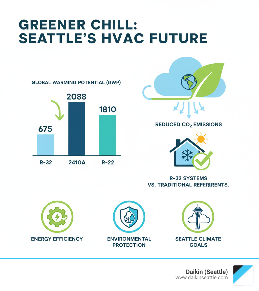 infographic showing GWP comparison chart with R-32 at 675, R-410A at 2088, and R-22 at 1810, plus visual representation of reduced CO2 emissions from R-32 systems versus traditional refrigerants, including icons for energy efficiency, environmental protection, and Seattle's climate goals - daikin low gwp refrigerant seattle infographic 
