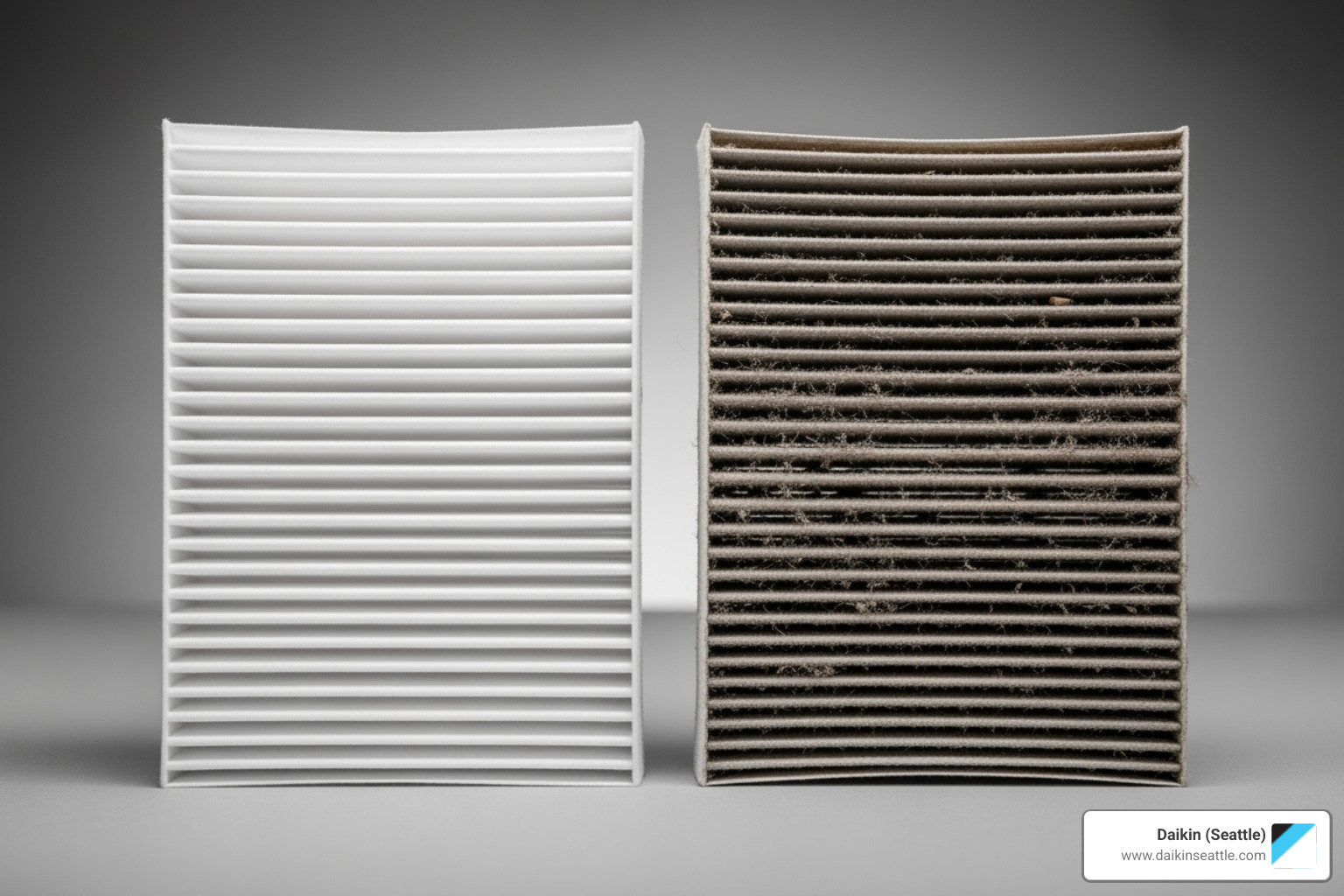 clean air filter next to a dirty, clogged one - ac not cooling seattle