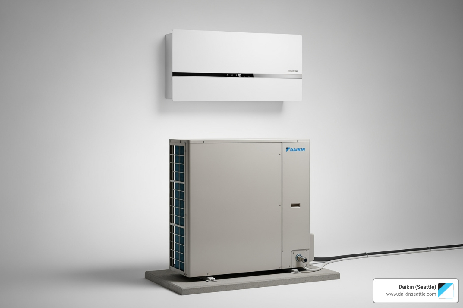 different Daikin heat pump models, including a ducted outdoor unit and a sleek ductless mini-split indoor unit - daikin cold climate heat pump seattle