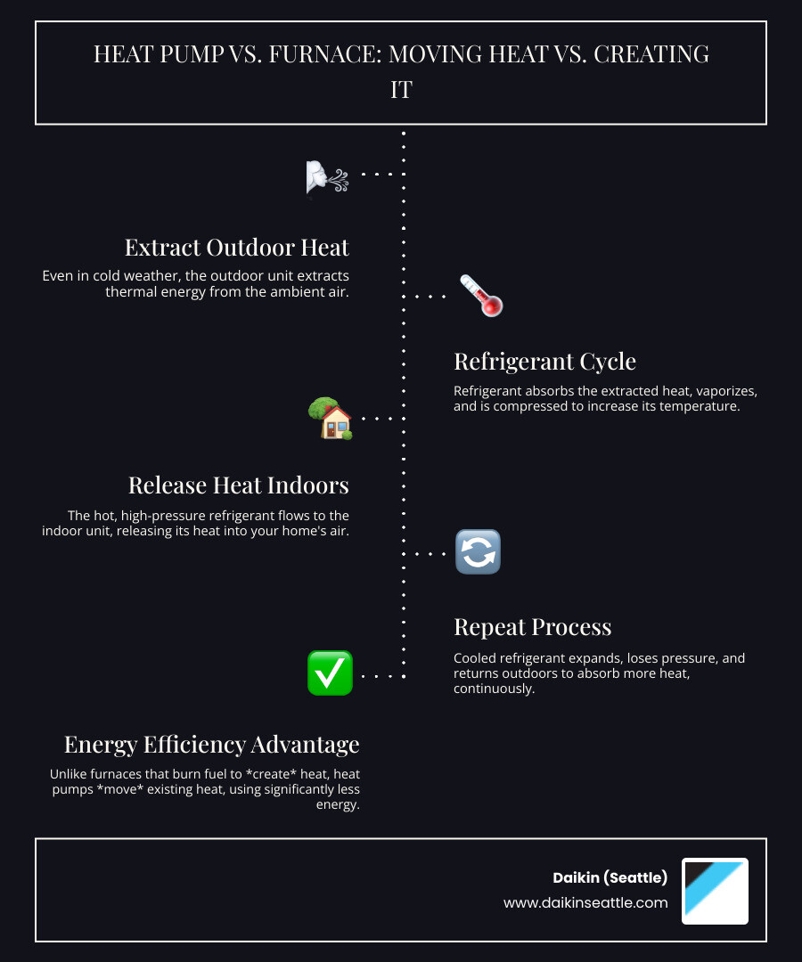infographic showing how a heat pump transfers heat from outside to inside in winter using a refrigerant cycle, versus a furnace that creates heat by burning fuel, with arrows showing heat flow direction and energy efficiency comparison - daikin cold climate heat pump seattle infographic infographic-line-5-steps-dark