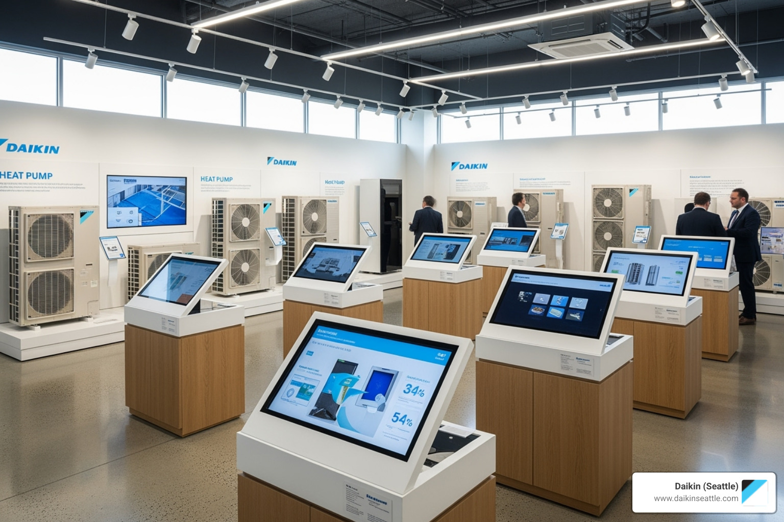 interior of the Daikin Seattle Experience Center with various HVAC units on display and interactive screens - daikin cold climate heat pump seattle