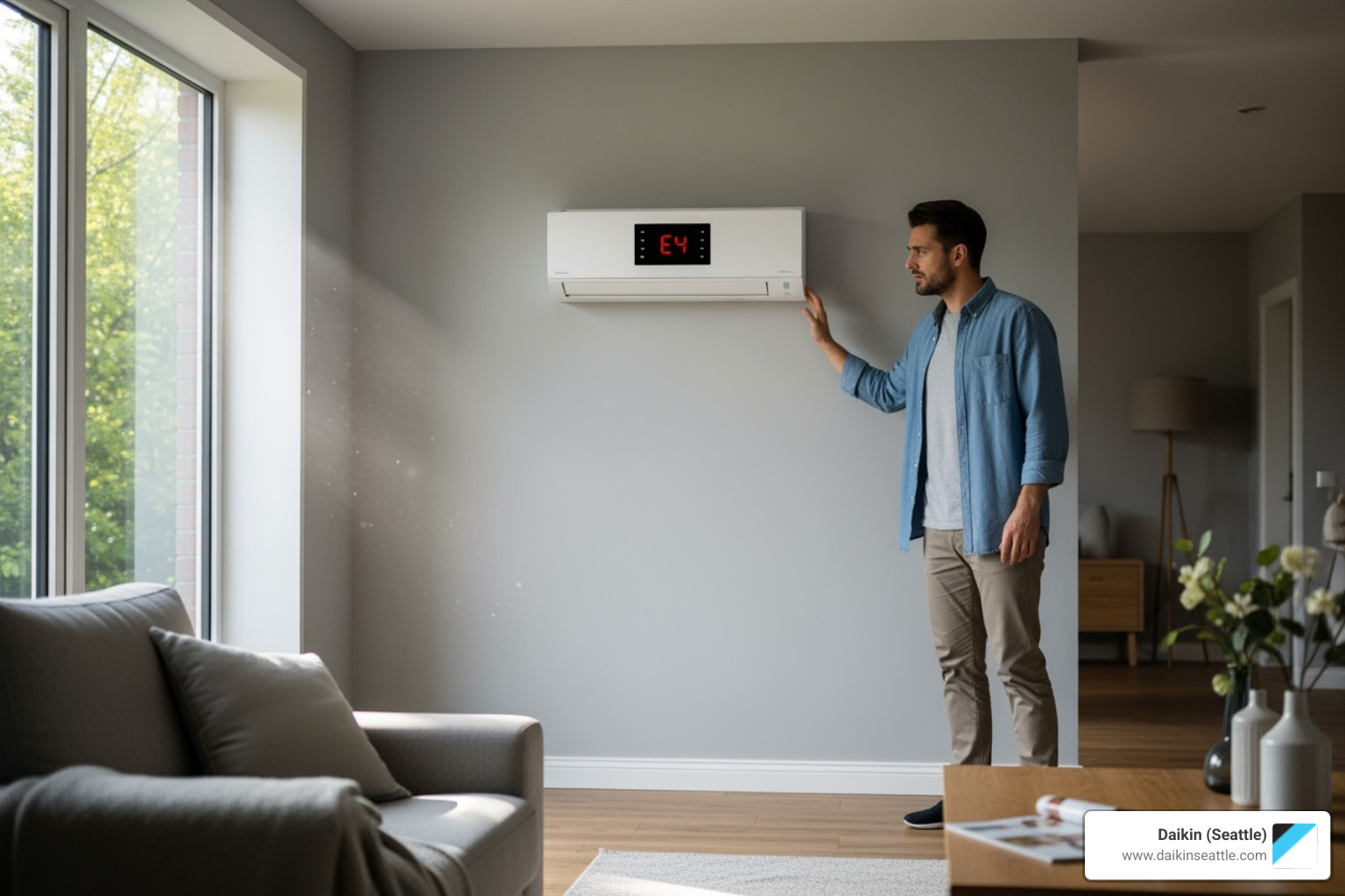 homeowner looking concerned at a mini split unit displaying an error code - daikin mini split service seattle
