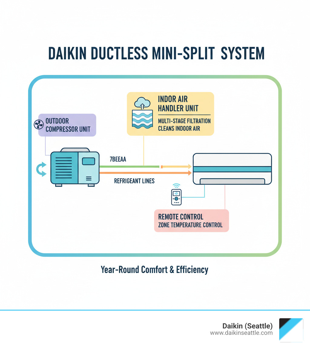 infographic showing the components of a Daikin ductless mini split system including outdoor compressor unit connected by refrigerant lines to indoor air handler unit with multi-stage filtration cleaning indoor air and remote control for zone temperature control - daikin mini split service seattle infographic 