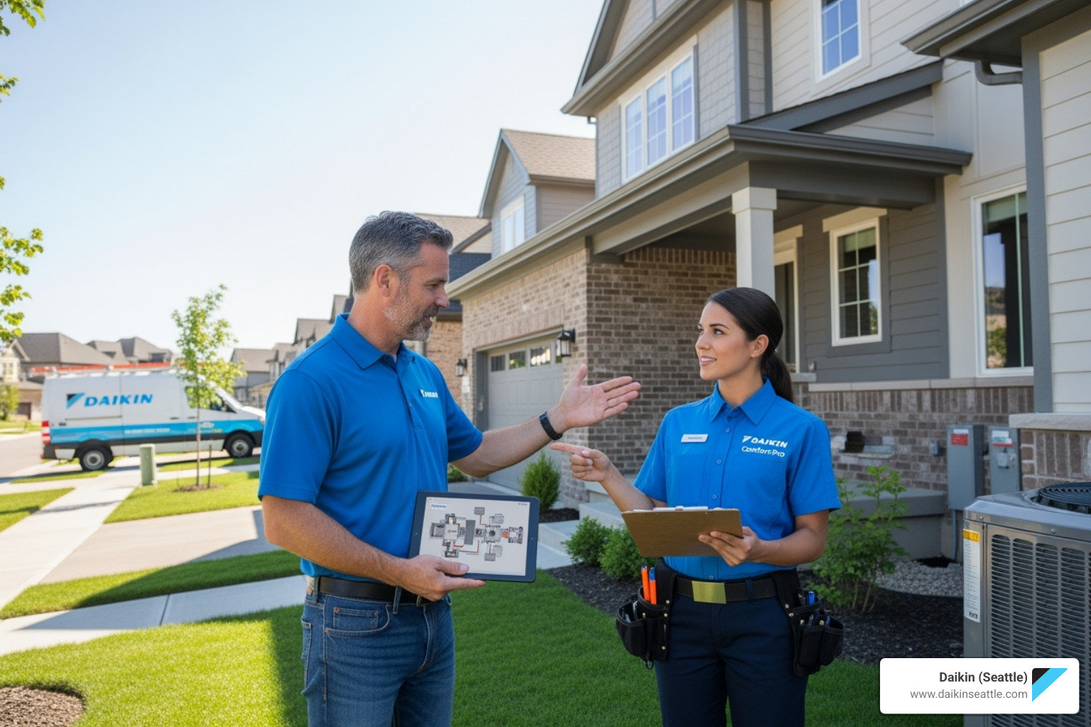 Homeowner discussing options with a Daikin Comfort Pro in front of a house - Daikin air conditioning units
