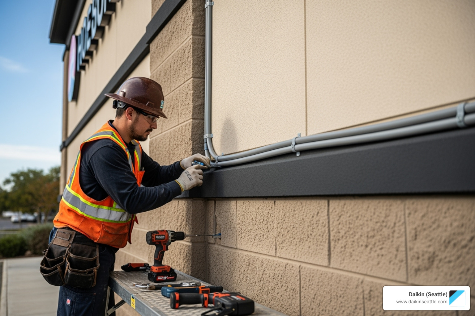 Technician installing ductless system conduit - commercial ductless seattle