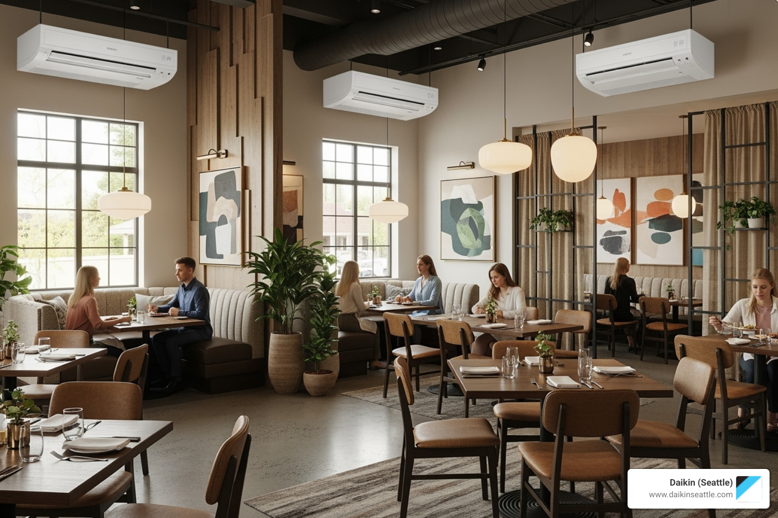 Restaurant interior with ductless units in different zones - commercial ductless seattle