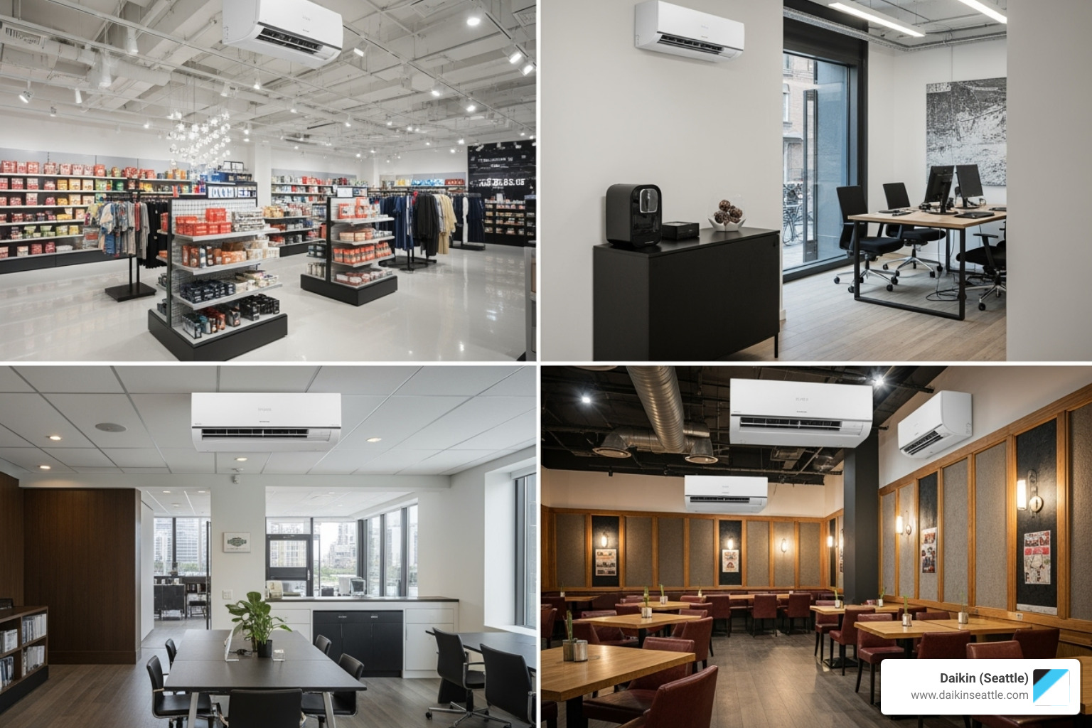 Collage of commercial settings using ductless systems - commercial ductless seattle