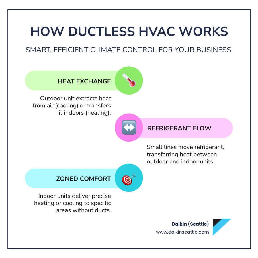 Infographic showing commercial ductless system components: outdoor compressor unit connected via small refrigerant lines through exterior wall to multiple indoor air handlers in different zones, with arrows indicating heat transfer process for both heating and cooling modes, highlighting energy efficiency ratings and zone control benefits - commercial ductless seattle infographic infographic-line-3-steps-colors