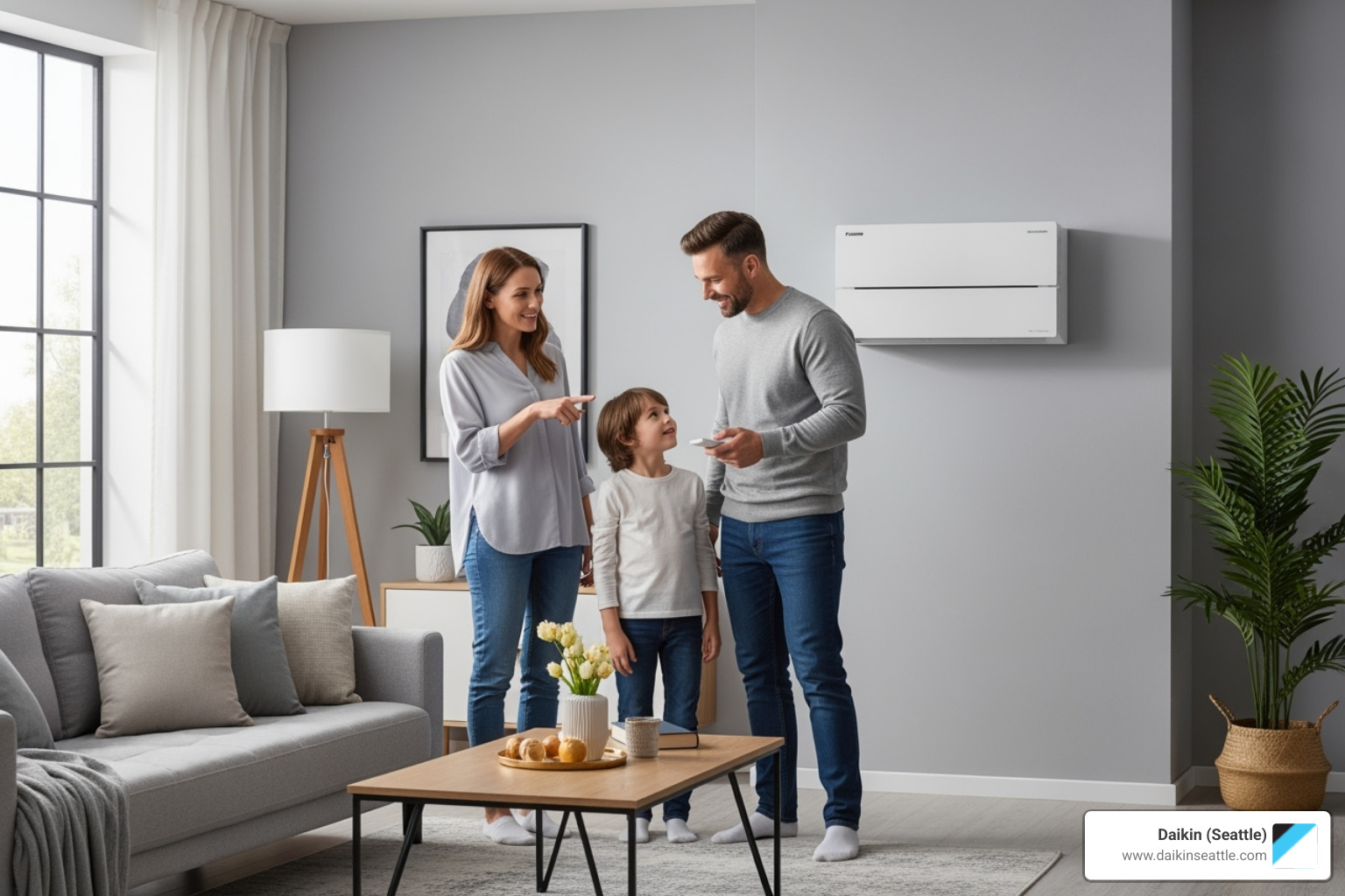 Family interacting with Daikin ductless unit - daikin hands on demonstration seattle