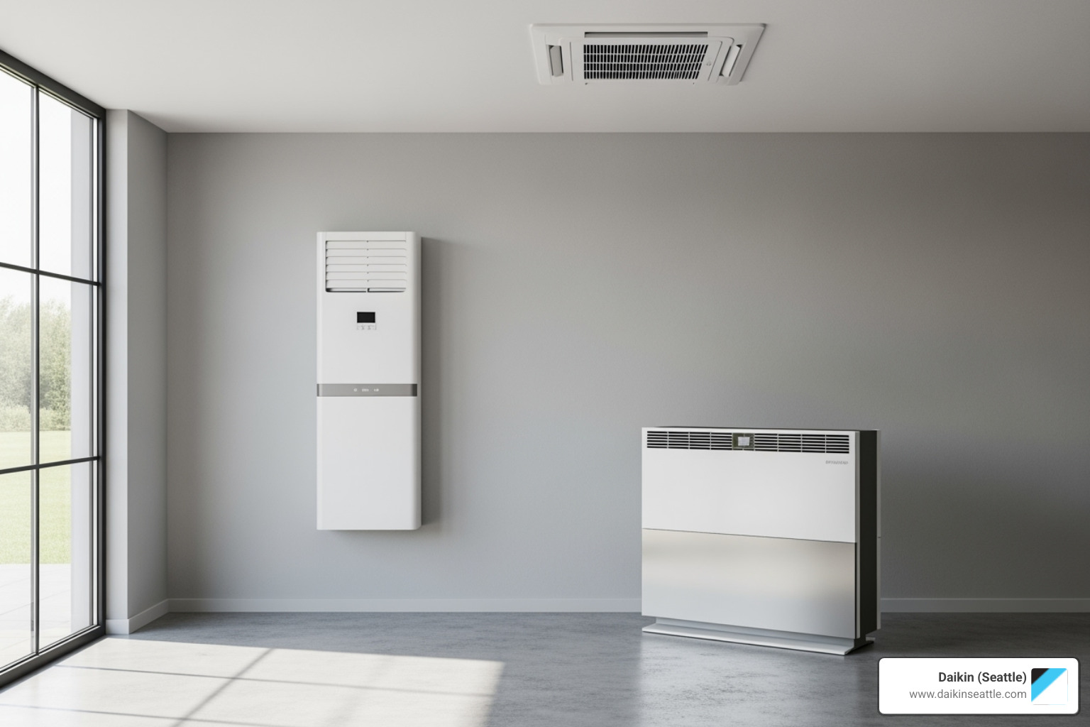 Various indoor units including wall-mount, floor-mount, and ceiling cassettes - daikin hands on demonstration seattle