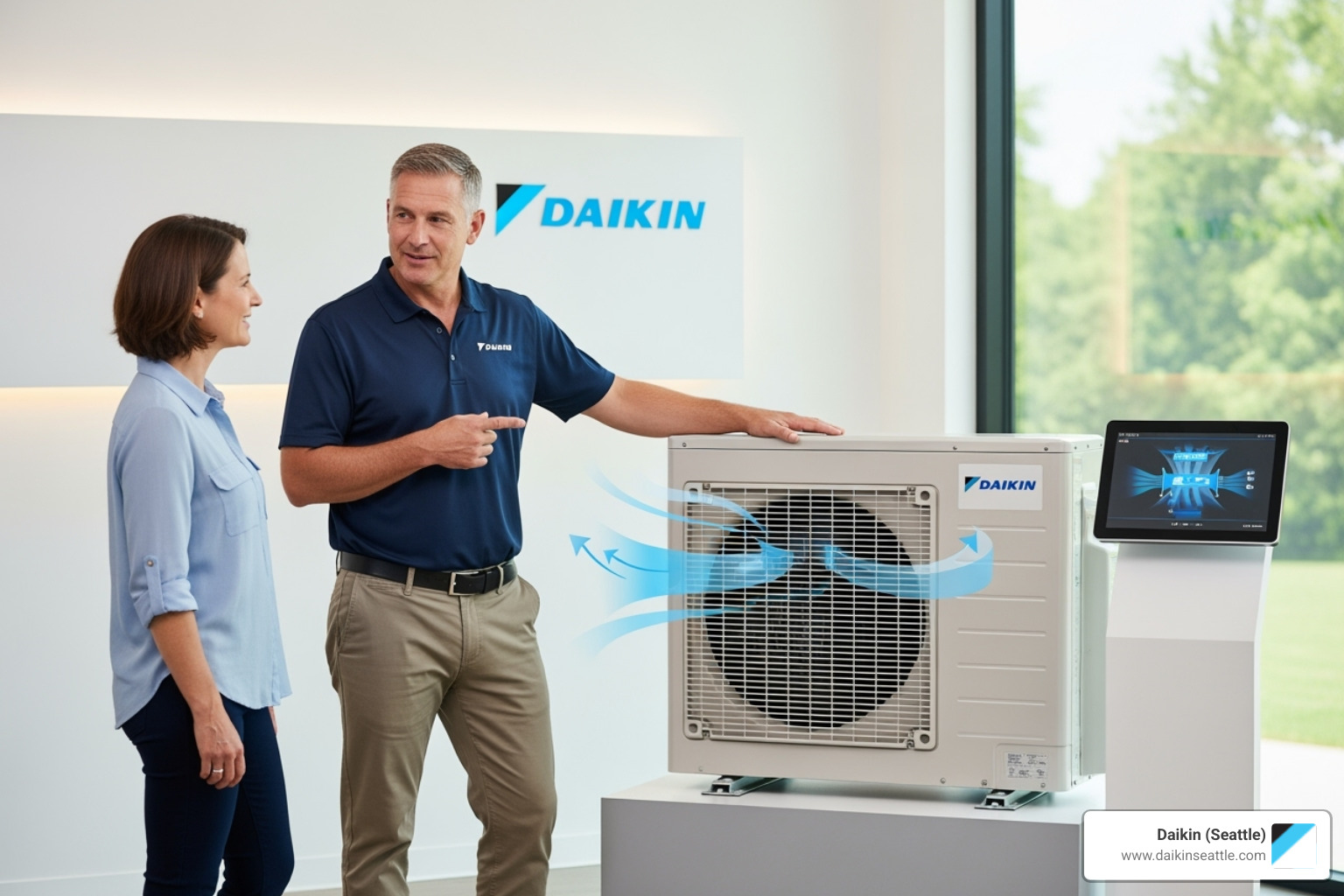 Daikin expert pointing to outdoor unit display - daikin hands on demonstration seattle