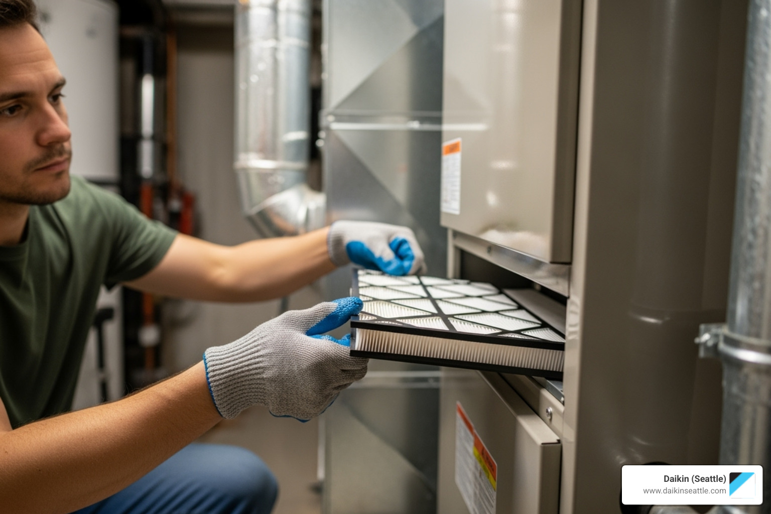 Homeowner changing an HVAC filter - daikin hvac maintenance seattle