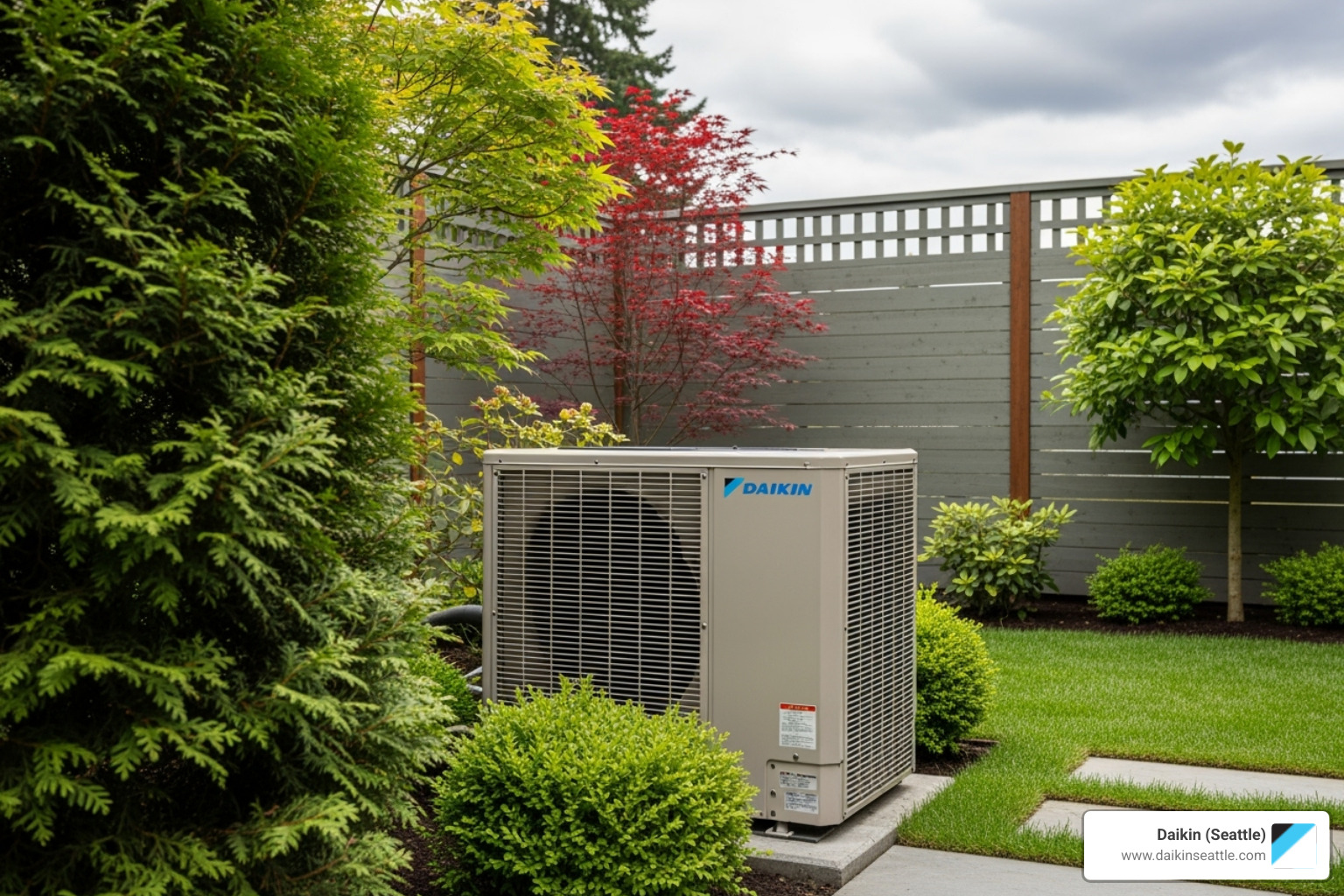 Daikin outdoor unit in a Seattle backyard setting - daikin hvac maintenance seattle