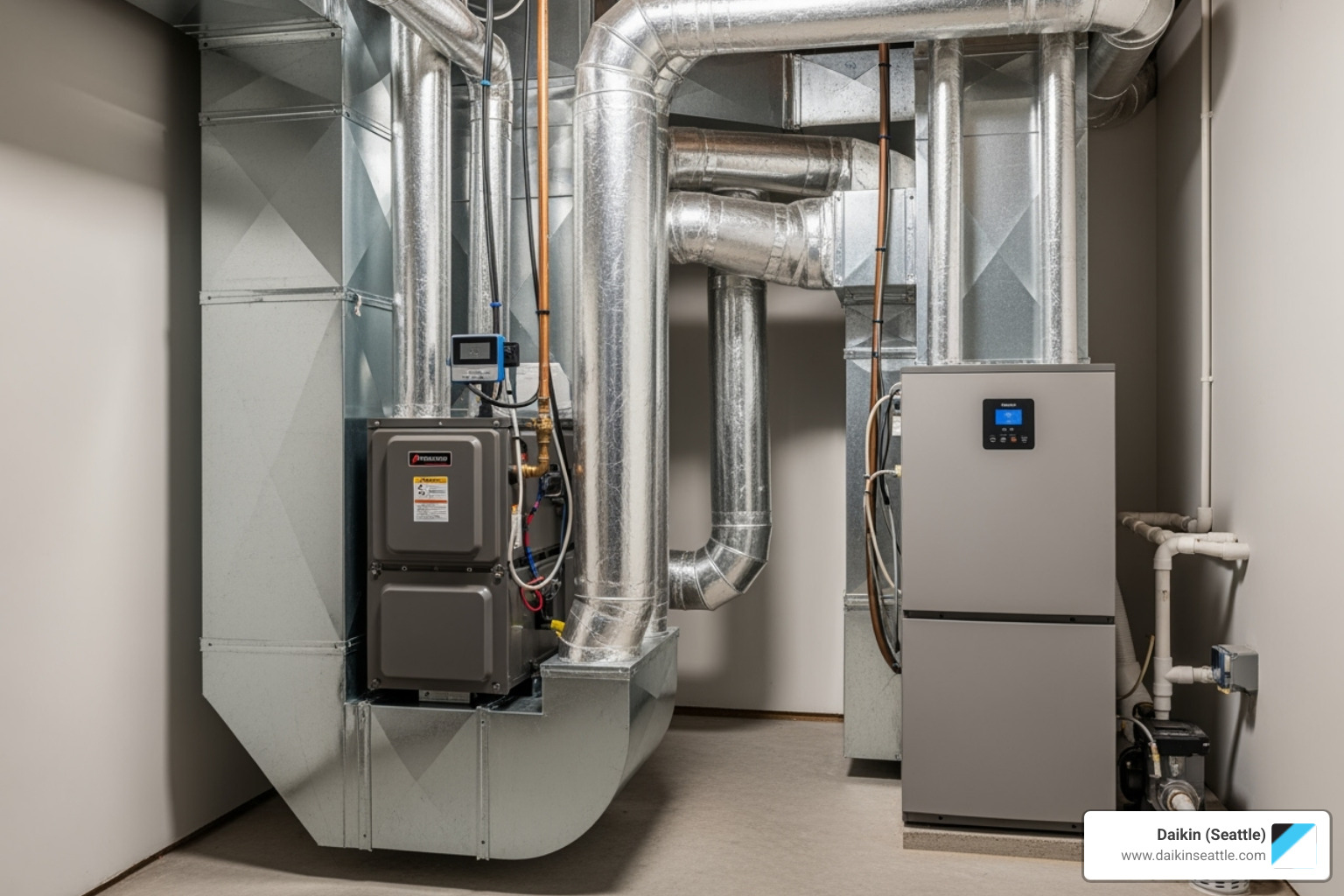 of a clean, professional HVAC installation in a basement or utility closet - daikin dehumidifier installation seattle