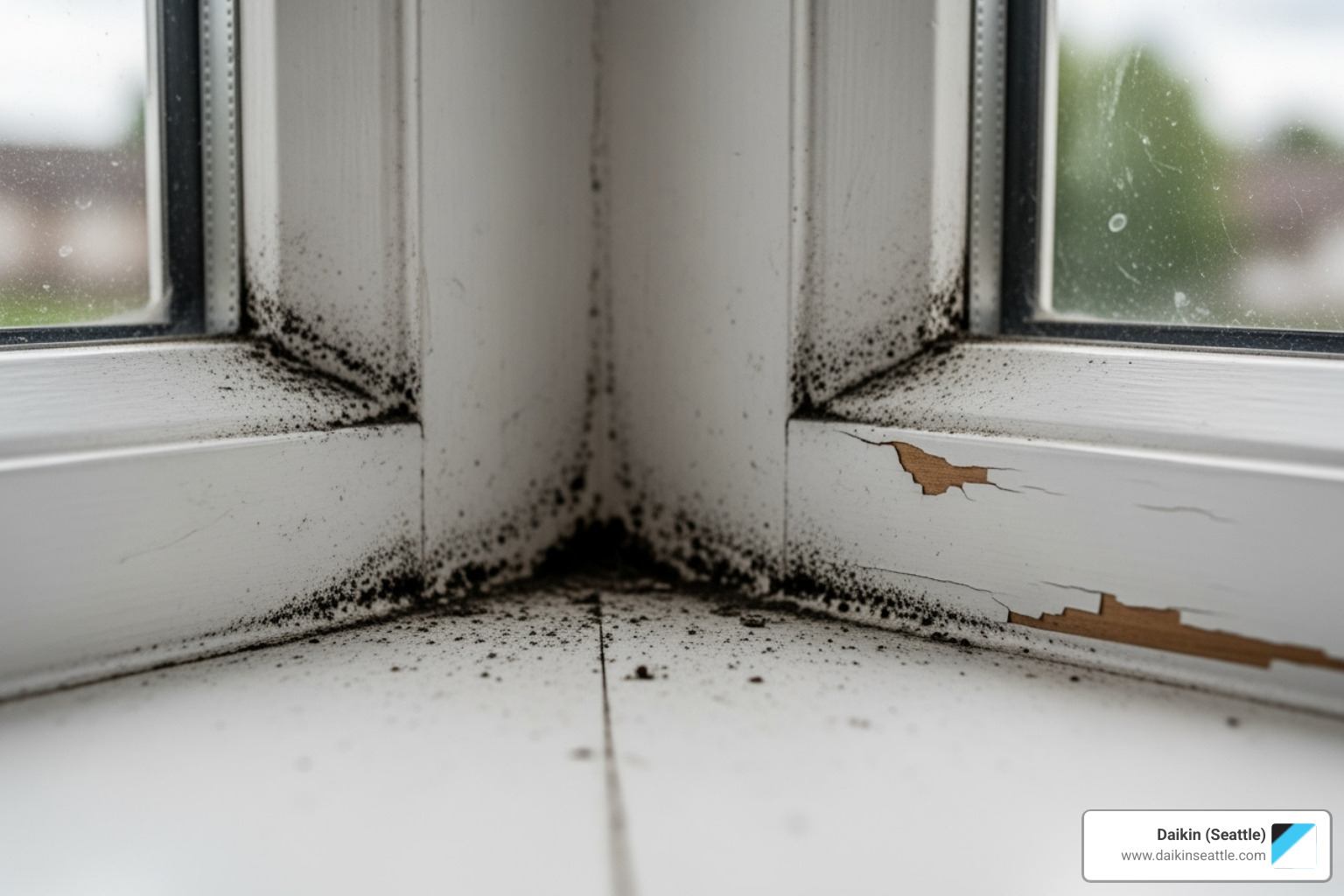of subtle mold growth on a window sill or wall corner - daikin dehumidifier installation seattle